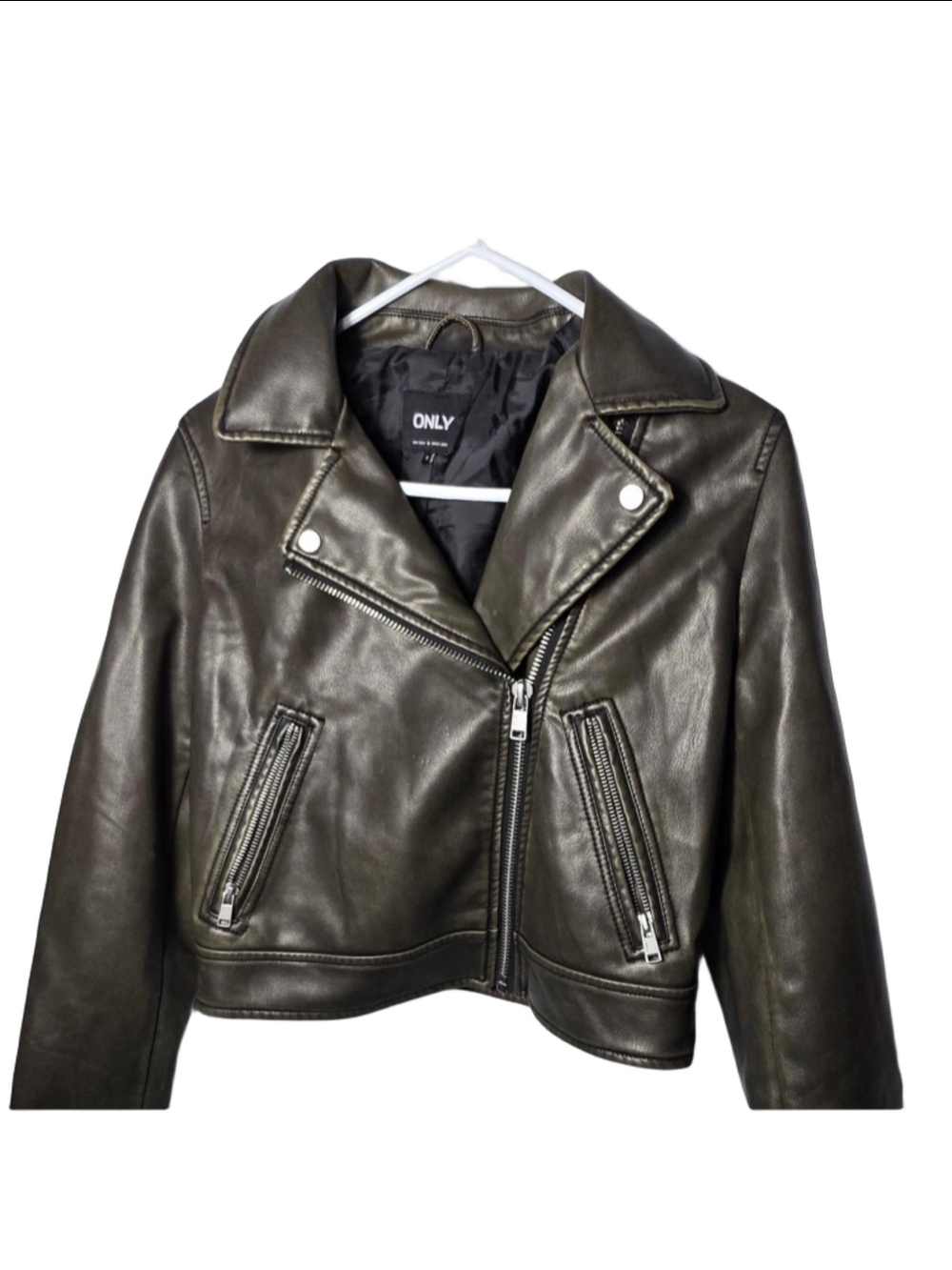 Only faux leather jacket size small dark olive excellent used condition #bikerco